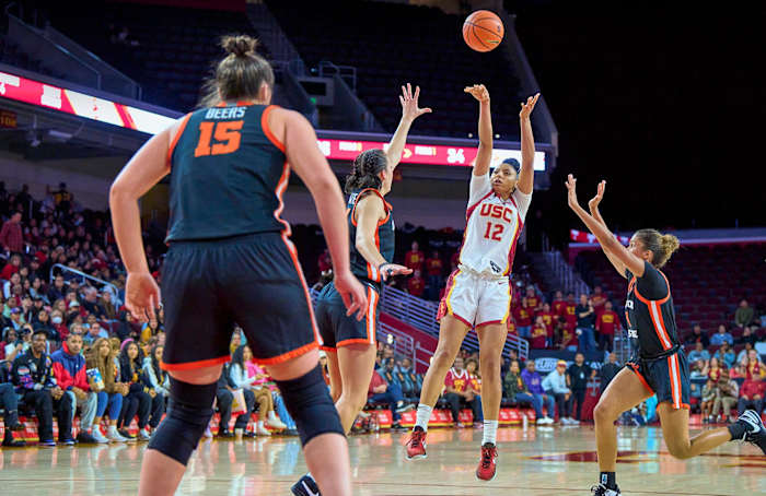 USC Trojans guard JuJu Watkins takes a shot against Oregon State.